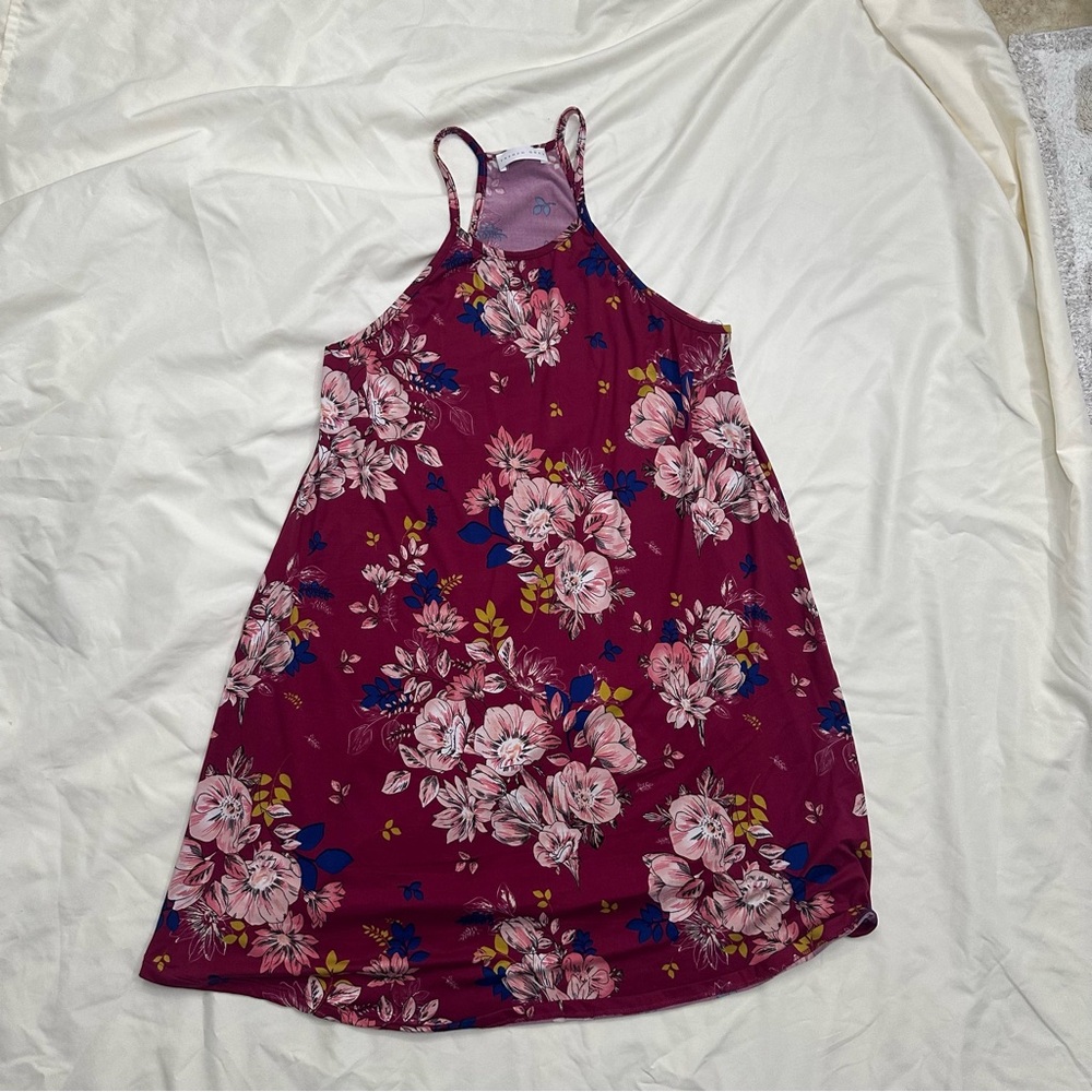 French Grey Burgundy Floral Mini Dress M Sleeveless Stretch - Picture 8 of 11